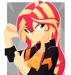 Size: 2248x2383 | Tagged: safe, artist:xan-gelx, character:sunset shimmer, species:human, g4, bust, clothing, humanized, jacket, simple background, solo