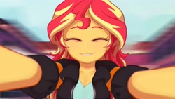 Size: 4000x2250 | Tagged: safe, artist:maren, character:sunset shimmer, species:eqg human, g4, blurred background, breasts, bust, canterlot high, cute, eyes closed, female, high res, offscreen character, pov, reaching out, shimmerbetes, smiling, solo