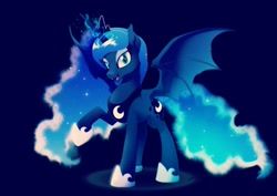 Size: 2048x1448 | Tagged: safe, artist:dormin-dim, character:princess luna, species:bat pony, g4, ethereal mane, looking at you, open mouth, raised hoof, simple background, smiling, solo