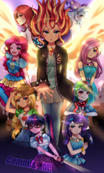 Size: 1280x2134 | Tagged: safe, artist:hanasakiyunarin, character:applejack, character:daydream shimmer, character:fluttershy, character:moondancer, character:pinkie pie, character:rainbow dash, character:rarity, character:sunset shimmer, character:trixie, character:twilight sparkle, character:twilight sparkle (scitwi), species:eqg human, species:human, fanfic:spectacular seven, g4, commission, cutie mark accessory, daydream shimmer, fanfic, fanfic art, fanfic cover, fiery wings, geode of fauna, geode of shielding, geode of sugar bombs, geode of super speed, geode of super strength, geode of telekinesis, humane five, humane seven, humane six, magical geodes, open mouth, smiling, sword, weapon, wings