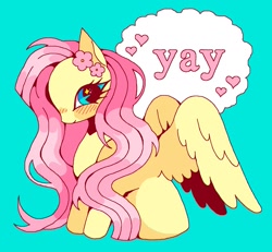 Size: 1427x1320 | Tagged: safe, artist:kitteysocks, character:fluttershy, species:pegasus, species:pony, g4, blushing, flower in hair, heart, simple background, sitting, solo, spread wings, text, wings