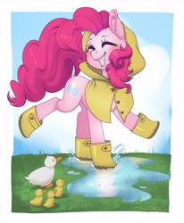Size: 3109x3775 | Tagged: safe, artist:taytinabelle, character:pinkie pie, species:duck, species:earth pony, species:pony, g4, boots, duckling, eyes closed, puddle, raincoat, smiling, solo