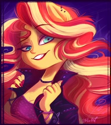 Size: 1185x1340 | Tagged: safe, artist:siliciaart, character:sunset shimmer, species:eqg human, g4, bust, choker, clothing, ear fluff, ear piercing, eared humanization, female, jacket, leather jacket, nail polish, piercing, ponied up, pony ears, portrait, solo