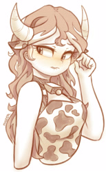 Size: 2302x3728 | Tagged: safe, artist:maren, character:sunset shimmer, species:eqg human, g4, blushing, bust, collar, cow horns, cowbell, cowprint, embarrassed, sketch, solo