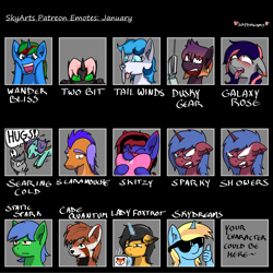 Size: 1500x1500 | Tagged: safe, artist:skydreams, patreon reward, oc, oc:cade quantum, oc:dusky gear, oc:galaxy rose, oc:lady foxtrot, oc:scaramouche, oc:searing cold, oc:skitzy, oc:skydreams, oc:sparky showers, oc:static spark, oc:tail winds, oc:two bit, oc:wander bliss, species:alicorn, species:bat pony, species:changeling, species:dragon, species:earth pony, species:fox, species:kirin, species:plane pony, species:pony, species:unicorn, g4, ahegao, angry, bat pony alicorn, bat pony oc, bat wings, blep, blushing, blushing ears, crying, dead stare, disguise, disguised changeling, drool, drool string, ear piercing, earring, emoji, emotes, female, glasses, heart, horn, jewelry, looking at you, male, mare, open mouth, original species, patreon, piercing, plane, pounce, red panda, sad, screwdriver, stallion, sunglasses, thumbs up, tired, tongue out, wings