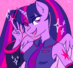 Size: 2500x2333 | Tagged: safe, alternate version, artist:koapony, character:twilight sparkle, character:twilight sparkle (alicorn), species:alicorn, species:anthro, g4, hatsune miku, idol, peace sign, simple background, sparkles, twintails