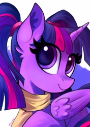 Size: 2000x2826 | Tagged: safe, artist:sadtrooper, character:twilight sparkle, character:twilight sparkle (alicorn), species:alicorn, species:pony, g4, bust, clothing, scarf, simple background, solo, twintails