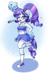 Size: 1250x1900 | Tagged: safe, artist:melliebun, character:rarity, species:anthro, g4, cheerleader, cheerleader outfit, legs in air, pom pom, ponytail, simple background, socks, solo, wink