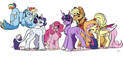 Size: 3526x1640 | Tagged: safe, artist:lrusu, character:applejack, character:fluttershy, character:pinkie pie, character:rainbow dash, character:rarity, character:twilight sparkle, character:twilight sparkle (unicorn), species:classical unicorn, species:earth pony, species:pegasus, species:pony, species:unicorn, g4, mane six, size difference, white background