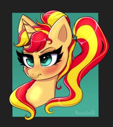Size: 1320x1484 | Tagged: safe, artist:confetticakez, character:sunset shimmer, species:pony, species:unicorn, g4, blushing, bust, cute, female, mare, scrunchy face, shimmerbetes, simple background, solo, twintails