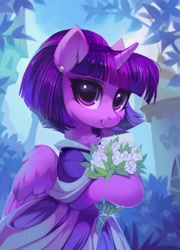 Size: 1471x2048 | Tagged: safe, artist:share dast, character:twilight sparkle, character:twilight sparkle (alicorn), species:alicorn, species:pony, episode:the last problem, g4, my little pony: friendship is magic, alternate hairstyle, bouquet, clothing, coronation dress, cute, dress, female, flower, mare, second coronation dress, short hair, solo, twiabetes
