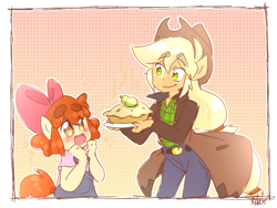 Size: 800x600 | Tagged: safe, artist:thegreatrouge, character:apple bloom, character:applejack, species:anthro, g4, applejack's hat, clothing, pie, simple background, sisters