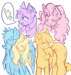 Size: 1188x1267 | Tagged: safe, artist:monorenn, character:applejack, character:fluttershy, character:pinkie pie, character:rainbow dash, character:twilight sparkle, species:pony, species:unicorn, g4, dialogue, doodle, monochrome, speech bubble, white background