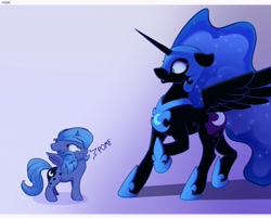 Size: 3800x3049 | Tagged: safe, artist:nookprint, character:nightmare moon, character:princess luna, species:alicorn, species:pony, g4, backing away, chest fluff, cute, galaxy mane, gasp, intimidating, regalia, woona