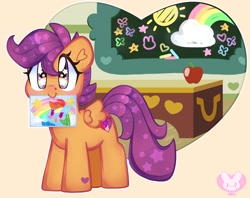 Size: 2520x2000 | Tagged: safe, artist:bunxxl, character:rainbow dash, character:scootaloo, species:pegasus, species:pony, g4, apple, blackboard, chibi, classroom, cute, desk, drawing, heart, rainbow, sparkles, sparkly eyes