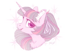 Size: 1200x900 | Tagged: safe, artist:vird-gi, character:twilight sparkle, species:pony, species:unicorn, g4, bust, looking sideways, ponytail, ribbon, simple background, solo, sparkles