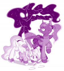 Size: 1280x1422 | Tagged: safe, artist:dstears, character:princess celestia, character:princess luna, character:tantabus, species:alicorn, species:pony, g4, clothing, detective, magnifying glass, ponytail, simple background, sweater, white background