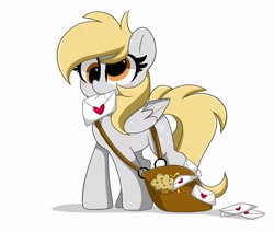 Size: 4096x3476 | Tagged: safe, artist:kittyrosie, character:derpy hooves, species:pegasus, species:pony, g4, heart, letter, mailbag, mouth hold, muffin, simple background, solo, white background