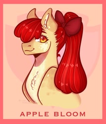 Size: 1750x2048 | Tagged: safe, artist:rubimlp6, character:apple bloom, species:earth pony, species:pony, g4, bust, chest fluff, colored pupils, ear fluff, female, hair over one eye, looking at you, looking sideways, mare, older apple bloom, portrait, ribbon, simple background, solo, text, three quarter view