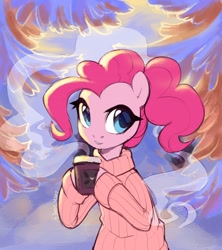 Size: 1922x2160 | Tagged: safe, artist:mari29511905, character:pinkie pie, species:earth pony, species:pony, g4, bust, clothing, coffee, cold, mug, ponytail, solo, steam, sweater