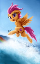 Size: 1280x2048 | Tagged: safe, artist:raphaeldavid, character:scootaloo, species:pegasus, species:pony, g4, looking at you, looking back, sea, solo, surfing