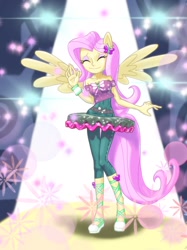 Size: 770x1028 | Tagged: safe, artist:dadss_rootbeer, character:fluttershy, species:eqg human, equestria girls:dance magic, g4, my little pony: equestria girls, boots, dance floor, eyes closed, ponied up, smiling, solo, waving