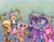 Size: 2061x1596 | Tagged: safe, artist:agnesgarbowska, idw, character:applejack, character:fluttershy, character:pinkie pie, character:rainbow dash, character:rarity, character:twilight sparkle, character:twilight sparkle (eqg), species:eqg human, equestria girls:equestria girls, g4, my little pony: equestria girls, my little pony:equestria girls, applejack's hat, belt, blouse, boots, clothing, cover, cowboy hat, denim skirt, elements of harmony, frame, glasses, hat, mane six, official art, pleated skirt, props, shirt, shoes, simple background, skirt, stetson, t-shirt