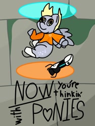 Size: 804x1071 | Tagged: safe, artist:melodysketch, character:derpy hooves, species:pegasus, species:pony, g4, clothing, digital art, falling, long fall horseshoe, moss, now you're thinking with portals, portal (valve), portal 2, portal gun, shirt, solo, text, wings