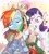 Size: 1932x2143 | Tagged: safe, artist:nendo, character:fluttershy, character:rainbow dash, character:rarity, species:pegasus, species:pony, species:unicorn, g4, blushing, clothing, dress, dressup, glasses, heart, makeover, rainbow dash always dresses in style, rainbow dash is not amused, rarity being rarity, rarity's glasses, sparkles, spread wings, tongue out, unamused, wings