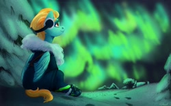 Size: 2048x1271 | Tagged: safe, artist:violettacamak, character:lightning dust, species:pegasus, species:pony, g4, aurora borealis, clothing, earmuffs, snow, solo, winter outfit