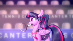Size: 3840x2160 | Tagged: safe, artist:silshadnic, manebooru spotlight, character:twilight sparkle, character:twilight sparkle (alicorn), species:alicorn, species:pony, g4, mouth hold, solo, sports outfit, tennis, tennis match, tennis racket, twintails