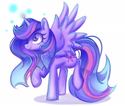 Size: 2480x2103 | Tagged: safe, artist:wavecipher, character:twilight sparkle, character:twilight sparkle (alicorn), species:alicorn, species:pony, g4, glowing horn, long mane, long tail, looking up, magic, raised hoof, simple background, solo, spread wings, wings