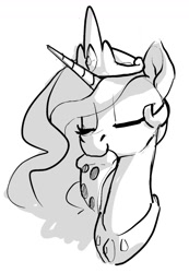 Size: 901x1300 | Tagged: safe, artist:dimfann, character:princess celestia, species:alicorn, species:pony, g4, bust, cute, eyes closed, food, mouth hold, pizza, regalia