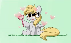 Size: 4096x2496 | Tagged: safe, artist:kittyrosie, manebooru spotlight, character:derpy hooves, species:pegasus, species:pony, g4, blep, bubble, chibi, cute, heart, hoof hold, sitting, solo, tongue out