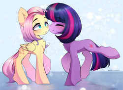 Size: 2487x1806 | Tagged: safe, artist:tatar.sauce, character:fluttershy, character:twilight sparkle, character:twilight sparkle (unicorn), species:pegasus, species:pony, species:unicorn, ship:twishy, g4, blushing, boop, short hair