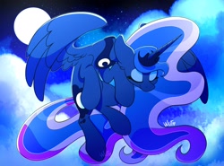 Size: 2912x2160 | Tagged: safe, artist:wutanimations, character:princess luna, species:alicorn, species:pony, g4, cloud, eyes closed, flying, moon, night, stars