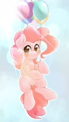 Size: 1158x2048 | Tagged: safe, artist:kurogewapony, character:pinkie pie, species:earth pony, species:pony, g4, balloon, floating, glare, looking at you, solo, sunshine