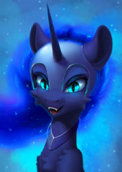 Size: 1280x1812 | Tagged: safe, artist:itssim, character:nightmare moon, character:princess luna, species:alicorn, species:pony, g4, bust, fangs, helmet, looking at you, simple background, solo