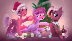Size: 1280x732 | Tagged: safe, artist:xbi, character:berry punch, character:berryshine, character:cheerilee, character:jasmine leaf, species:earth pony, species:pony, g4, ascot, blushing, cheers, christmas, christmas tree, cutie mark, drink, drinking, drunk, ear fluff, eyes closed, fake antlers, glass, hearth's warming, implied diamond tiara, open mouth, santa hat, tea, teapot, wine, wine bottle, wine glass