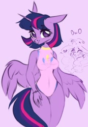 Size: 1186x1718 | Tagged: safe, artist:eugeniehorny, character:twilight sparkle, character:twilight sparkle (alicorn), species:alicorn, species:anthro, g4, belly button, blushing, colored eyebrows, eyebrows, eyebrows visible through hair, hourglass figure, implied pinkie pie, leotard, looking at you, no pupils, short hair, simple background, sketch, spread wings, three quarter view, wings