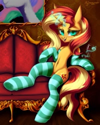 Size: 975x1217 | Tagged: safe, artist:eugeniehorny, character:sunset shimmer, species:pony, species:unicorn, g4, belly button, complex background, couch, glowing horn, leaning back, lidded eyes, looking at you, magic, socks, solo