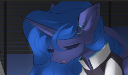 Size: 717x423 | Tagged: safe, artist:margony, character:princess luna, species:alicorn, species:pony, g4, bust, clothing, eyes closed, sigh, solo, tired, wip