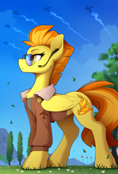 Size: 1600x2373 | Tagged: safe, artist:yakovlev-vad, character:spitfire, species:pegasus, species:pony, g4, clothing, female, headpiece, jacket, mare, microphone, solo, sunglasses