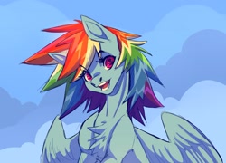 Size: 3233x2323 | Tagged: safe, artist:lambibelle, character:rainbow dash, species:pegasus, species:pony, g4, bust, chest fluff, simple background, solo, spiky mane, spread wings, wings