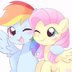 Size: 1628x1634 | Tagged: safe, artist:ginmaruxx, character:fluttershy, character:rainbow dash, species:pegasus, species:pony, g4, arm around neck, blushing, simple background, soft color, spread wings, white background, wings
