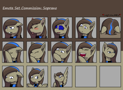 Size: 1500x1095 | Tagged: safe, artist:skydreams, oc, oc:soprano, species:pegasus, species:pony, g4, angry, blep, blue screen of death, blushing, clothing, commission, confused, dead stare, drool, emoji, emotes, facedesk, facehoof, female, giggling, hmm, lol, mare, pointing, sad, scarf, shrug, tongue out, wings