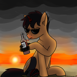 Size: 1000x1000 | Tagged: safe, artist:skydreams, oc, oc only, oc:charger, species:pony, species:unicorn, fallout equestria, g4, alcohol, amputee, cigarette, claws, cloud, commission, fallout equestria: radio static, male, molotov cocktail, prosthetic leg, prosthetic limb, prosthetics, stallion, sunset, vodka