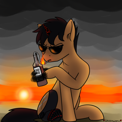 Size: 1000x1000 | Tagged: safe, alternate version, artist:skydreams, oc, oc only, oc:charger, species:pony, species:unicorn, fallout equestria, g4, alcohol, amputee, cigarette, claws, cloud, commission, fallout equestria: radio static, fire, male, molotov cocktail, prosthetic leg, prosthetic limb, prosthetics, stallion, sunset, vodka