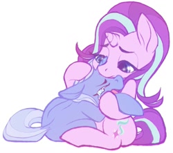 Size: 1299x1149 | Tagged: safe, artist:flutterbree, character:starlight glimmer, character:trixie, species:pony, species:unicorn, ship:startrix, g4, crying, duo, duo female, female, floppy ears, holding a pony, horn, lesbian, open mouth, sad, shipping, simple background, white background