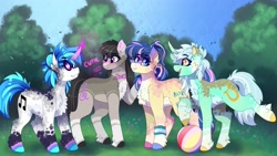 Size: 3840x2160 | Tagged: safe, artist:aaa-its-spook, character:bon bon, character:dj pon-3, character:lyra heartstrings, character:octavia melody, character:vinyl scratch, species:earth pony, species:pony, species:unicorn, g4, alternate design, beach ball, blushing, bow tie, ear fluff, fluffy, glowing horn, magic, tree